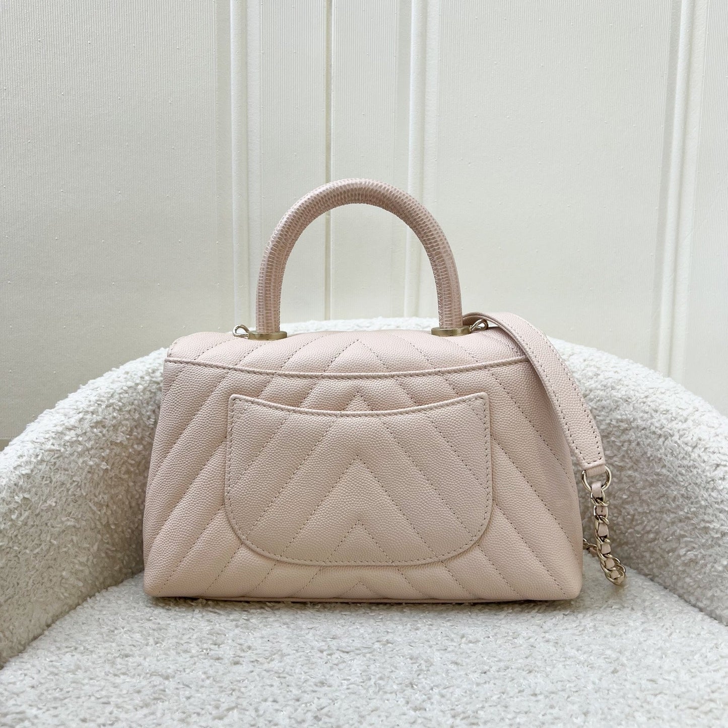 Chanel Small Coco Handle in 20A Chevron Quilted Beige Pink Caviar and LGHW