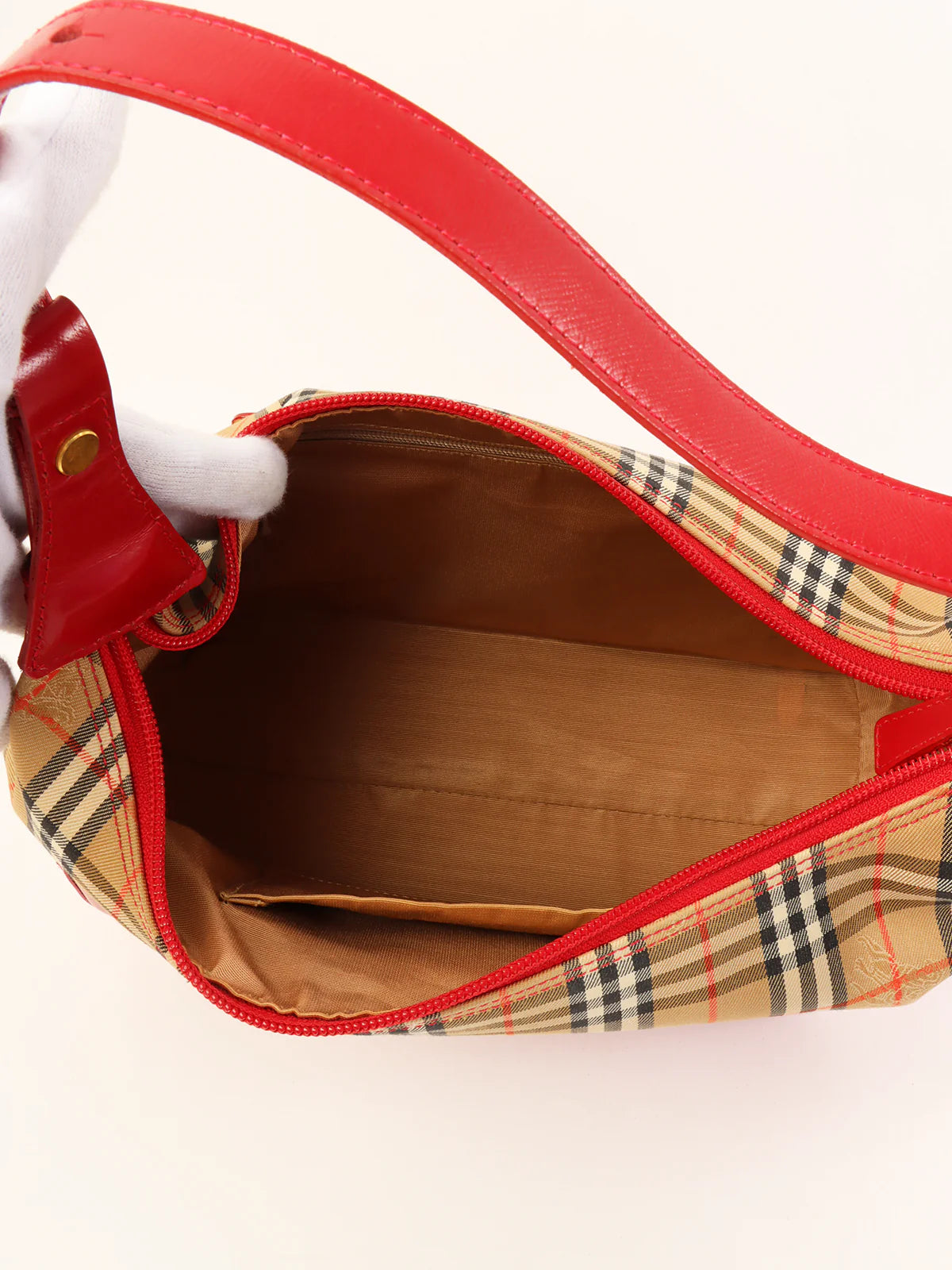 BURBERRY Nova Check Pattern Logo Charm Handle Bag Red/Beige