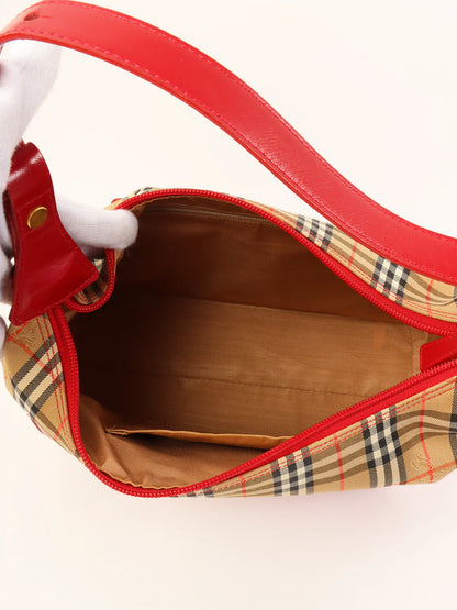 BURBERRY Nova Check Pattern Logo Charm Handle Bag Red/Beige