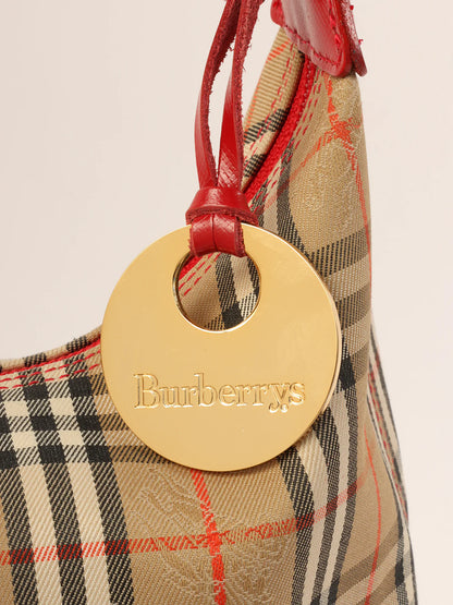 BURBERRY Nova Check Pattern Logo Charm Handle Bag Red/Beige