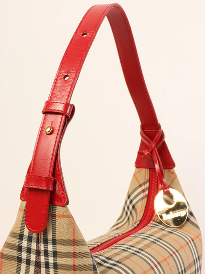 BURBERRY Nova Check Pattern Logo Charm Handle Bag Red/Beige