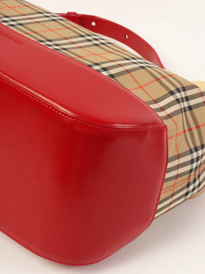 BURBERRY Nova Check Pattern Logo Charm Handle Bag Red/Beige