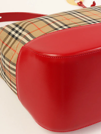 BURBERRY Nova Check Pattern Logo Charm Handle Bag Red/Beige