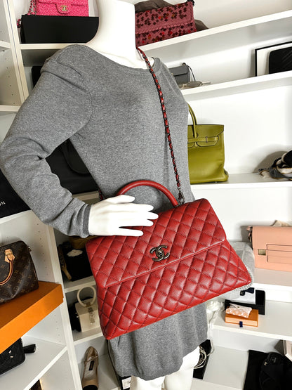 CHANEL Red Medium Coco Handle Top Handle Quilted Caviar Leather Bag