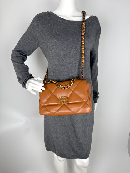 CHANEL 19 Small Carmel Brown Lambskin Gold Hardware Flap Bag