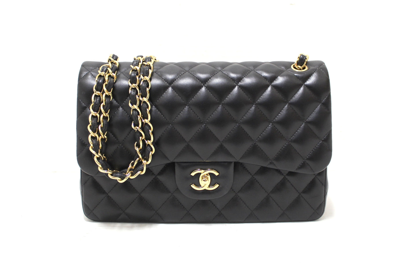 Chanel Black Quilted Lamskin Leather Classic Jumbo Double Flap Bag