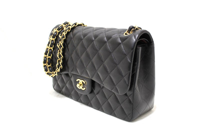 Chanel Black Quilted Lamskin Leather Classic Jumbo Double Flap Bag