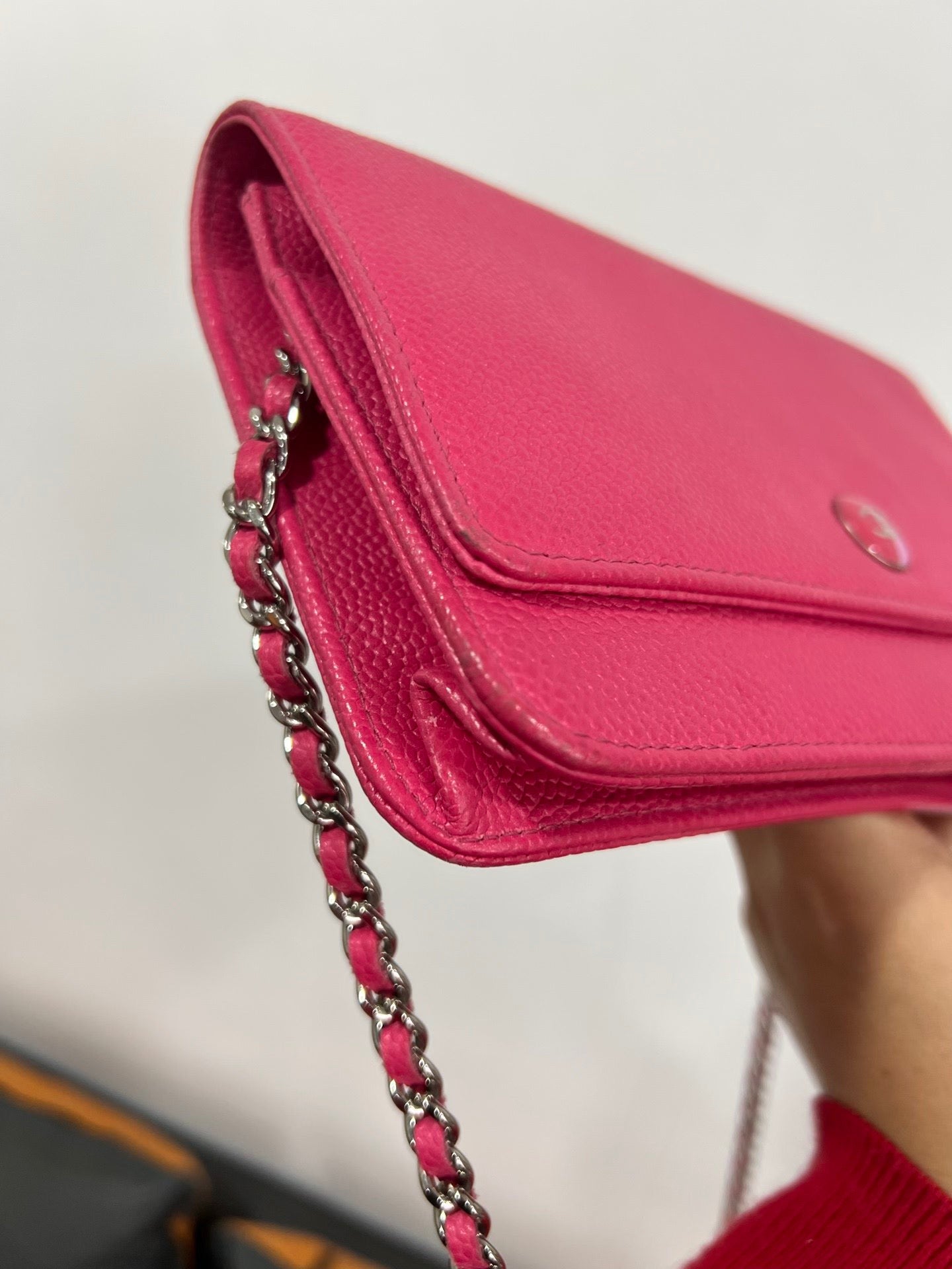 Chanel WOC Wallet on Chain Fuchsia Caviar Leather with Enamel Logo