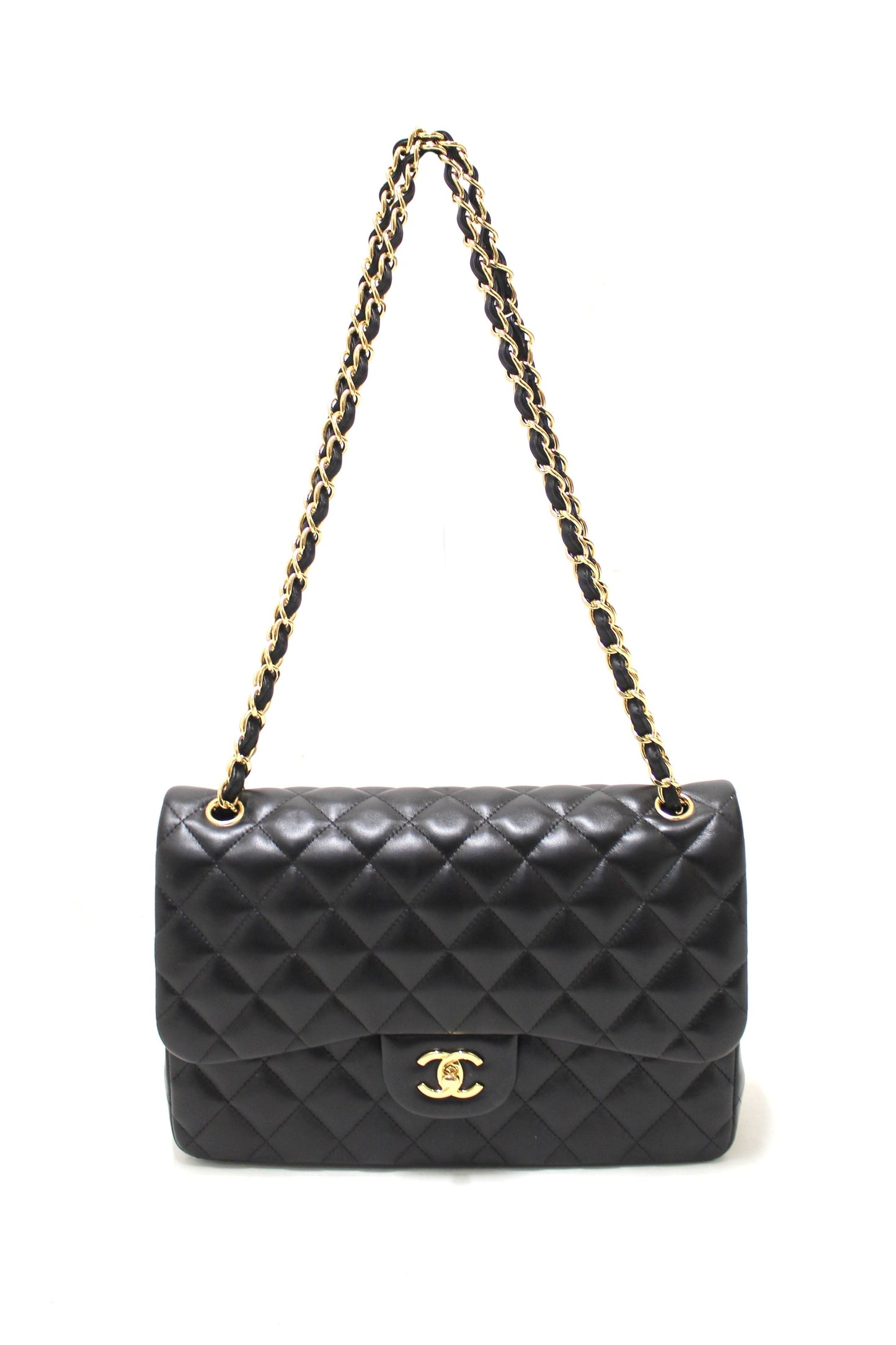 Chanel Black Quilted Lamskin Leather Classic Jumbo Double Flap Bag