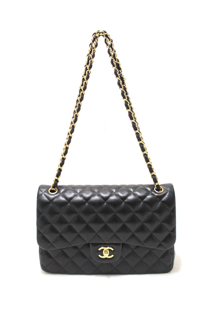 Chanel Black Quilted Lamskin Leather Classic Jumbo Double Flap Bag