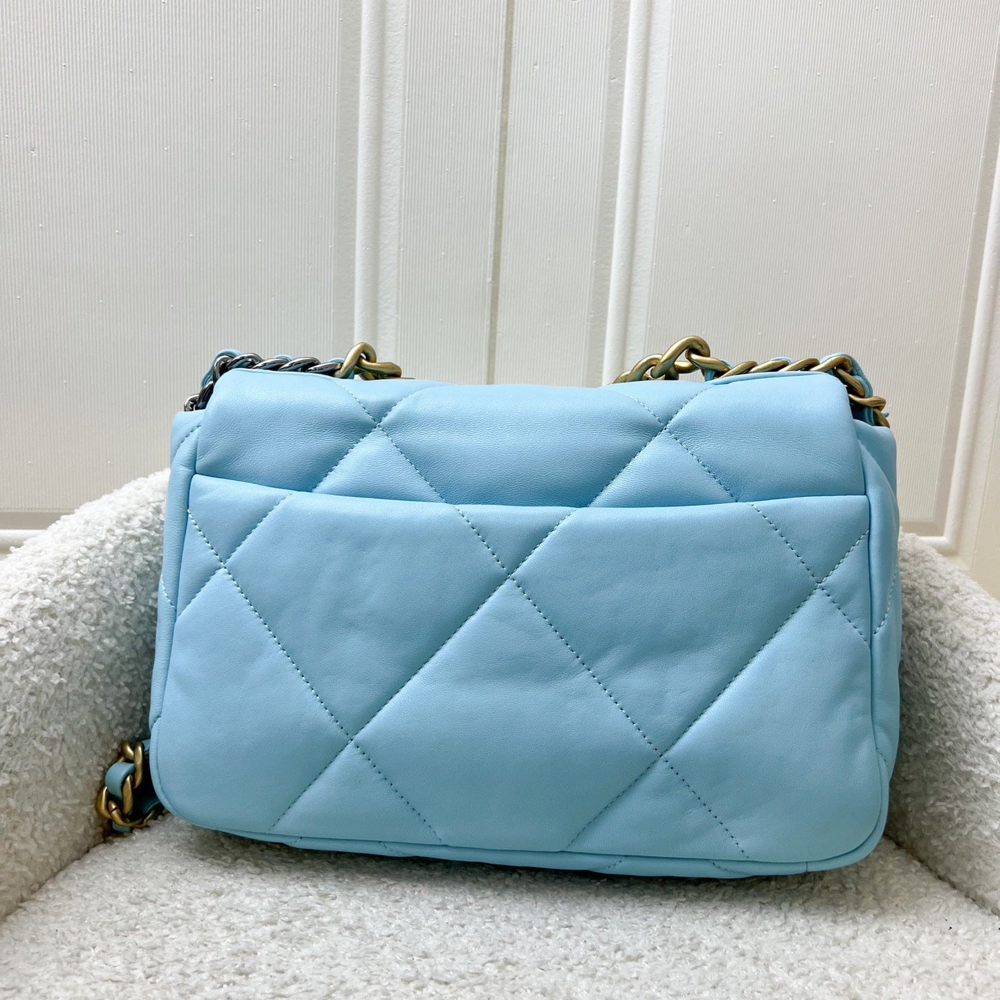 Chanel 19 Small Flap in Sky Blue Lambskin and 3-Tone Hardware (Model: AS1160)