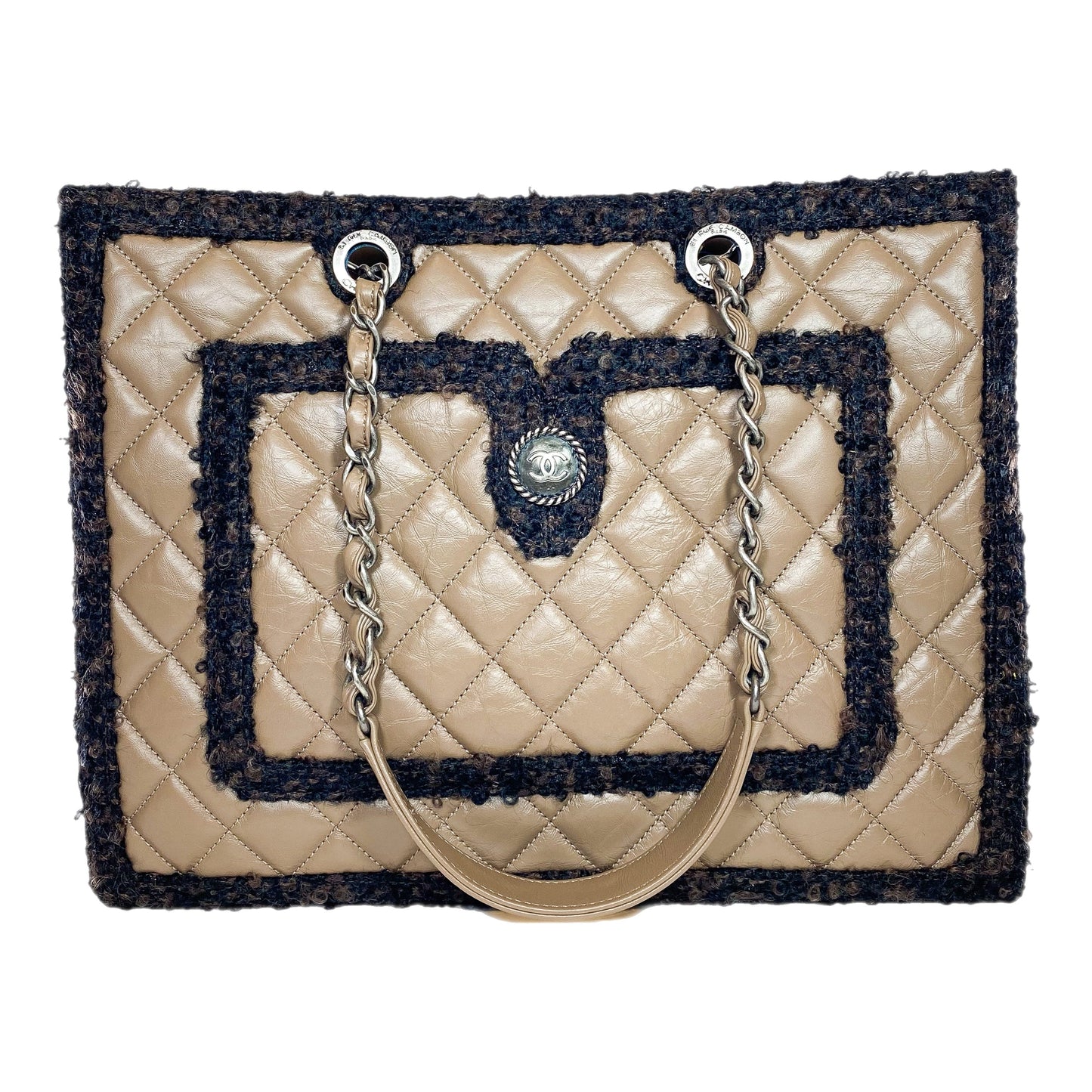 Chanel Brown Quilted Tweed Trim Secrets Tote Bag