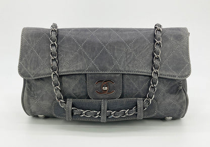 Chanel Gray Distressed Leather Quilted Classic Flap