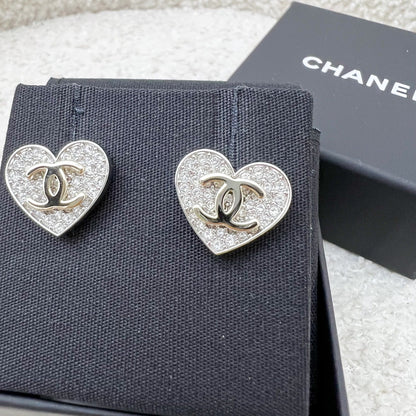 Chanel Heart and CC Earrings with Crystals in SHW