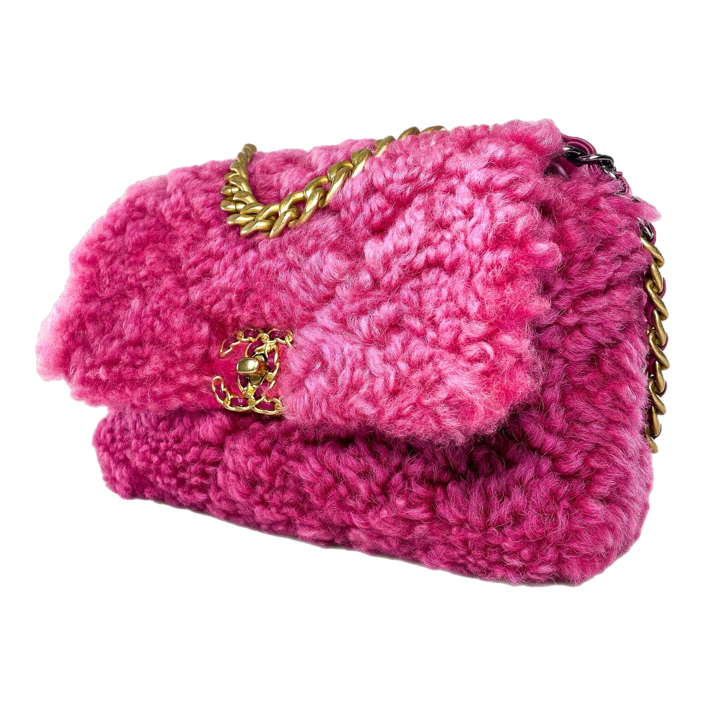 Chanel 19 Large Pink Shearling Sheepskin Flap Bag