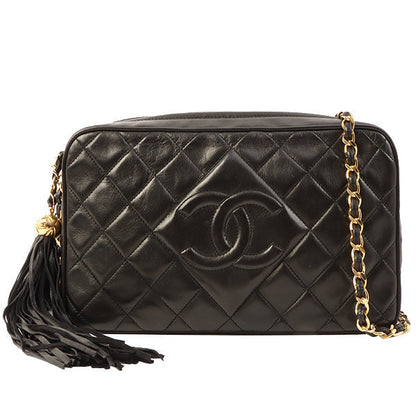 Chanel Around 1992 Made Diamond Cc Mark Stitch Fringe Chain Bag Black