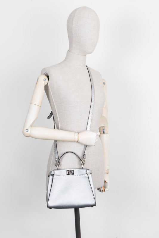 FENDI Peekaboo Bag Mini Leather Silver