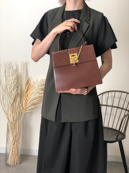 CELINE Gancini Chain Handbag Brown Vintage 7ffusp