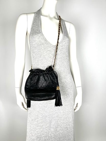 Vintage CHANEL 24k Gold Black Lambskin Leather Quilted Bucket Shoulder Bag