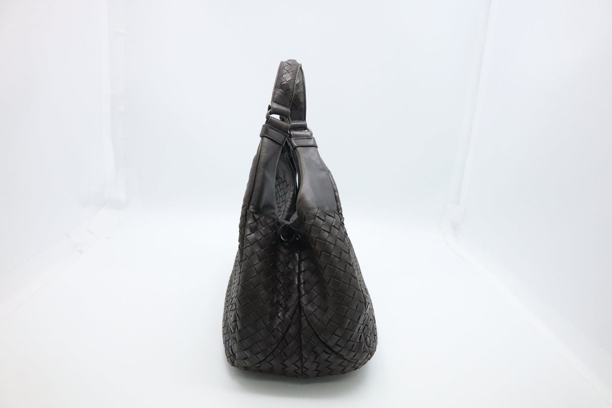 Bottega Veneta Campana Shoulder Bag in Dark Brown Intrecciato Leather