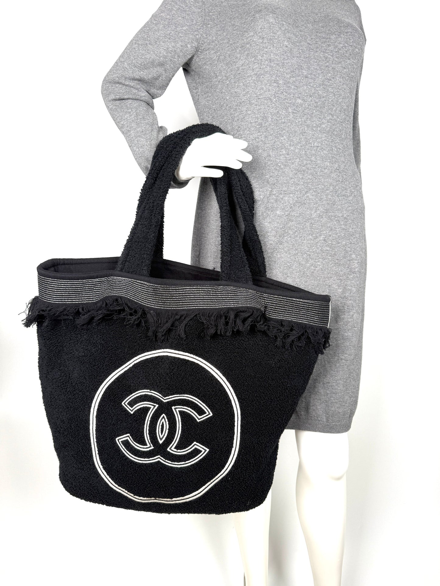 CHANEL Terry Cotton Fringe CC Logo Black Ecru Beach Shopping Tote with Pouch and Towel