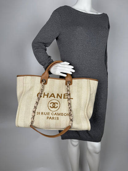 CHANEL Deauville Striped Medium Straw Raffia Beige Tan Shopping Tote