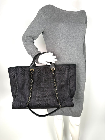 CHANEL Deauville Straw Raffia Black Large Shopping Tote