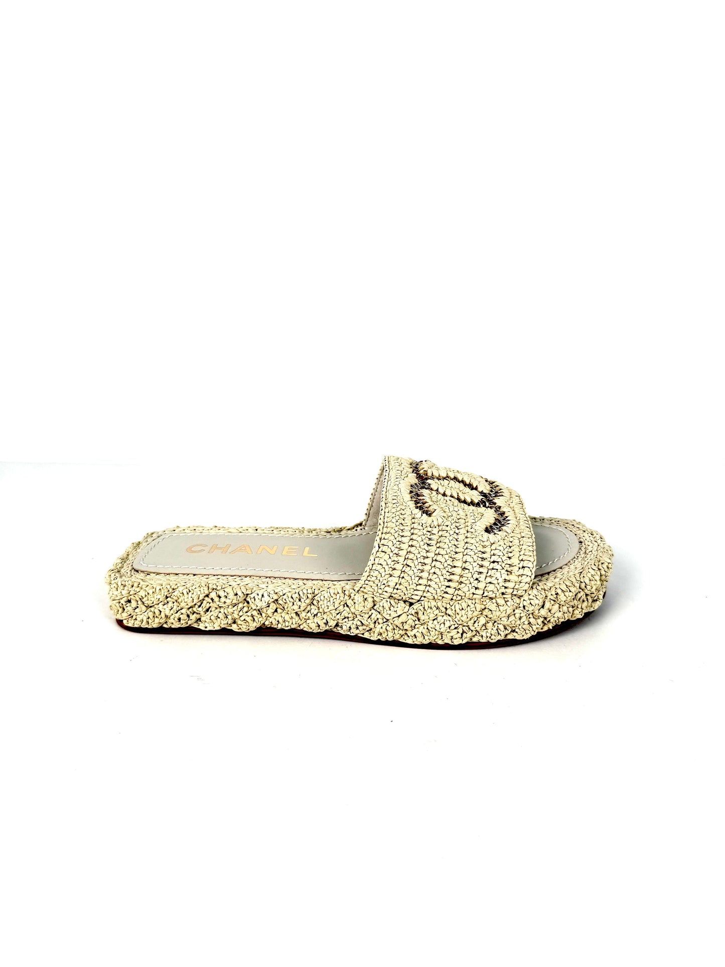 New CHANEL Raffia CC Logo Neutral Slip on Espadrille Slide Sandals 38 7.5