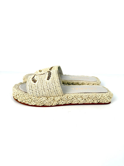 New CHANEL Raffia CC Logo Neutral Slip on Espadrille Slide Sandals 38 7.5