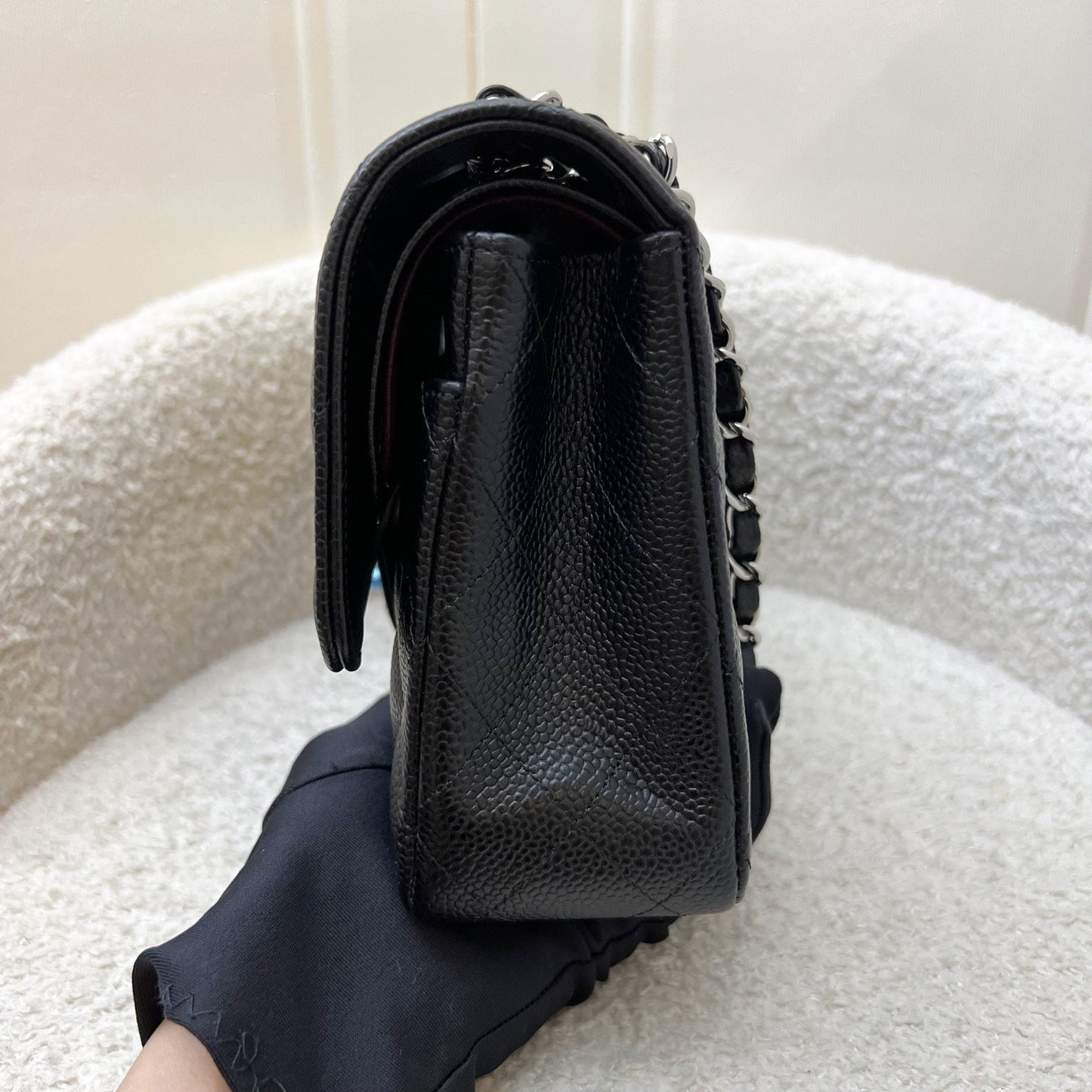 Chanel Medium Classic Flap CF in Black Caviar and SHW (Model: A01112)