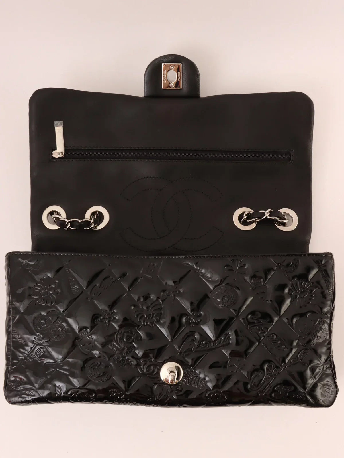 Chanel Around  Made Patent Icon Embossed Turn-Lock Chain Bag Black
