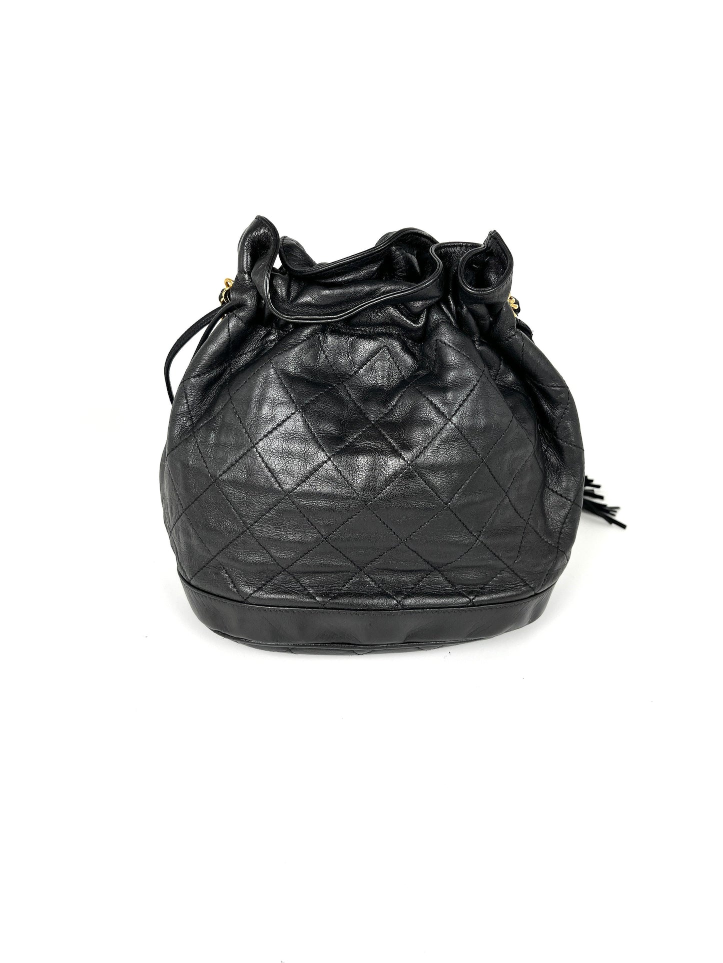 Vintage CHANEL 24k Gold Black Lambskin Leather Quilted Bucket Shoulder Bag
