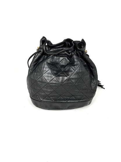 Vintage CHANEL 24k Gold Black Lambskin Leather Quilted Bucket Shoulder Bag