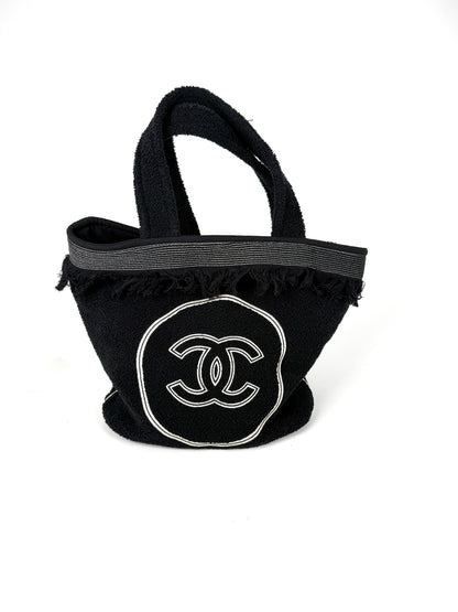 CHANEL Terry Cotton Fringe CC Logo Black Ecru Beach Shopping Tote with Pouch and Towel
