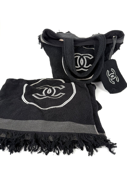 CHANEL Terry Cotton Fringe CC Logo Black Ecru Beach Shopping Tote with Pouch and Towel