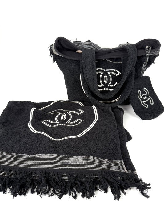 CHANEL Terry Cotton Fringe CC Logo Black Ecru Beach Shopping Tote with Pouch and Towel