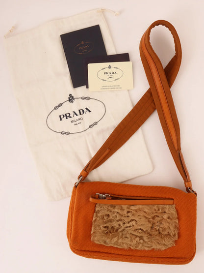 PRADA Wool Fur Combination Shoulder Bag Orange/Brown/Beige