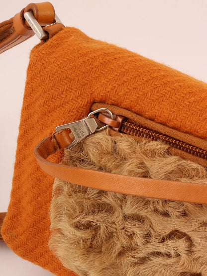 PRADA Wool Fur Combination Shoulder Bag Orange/Brown/Beige