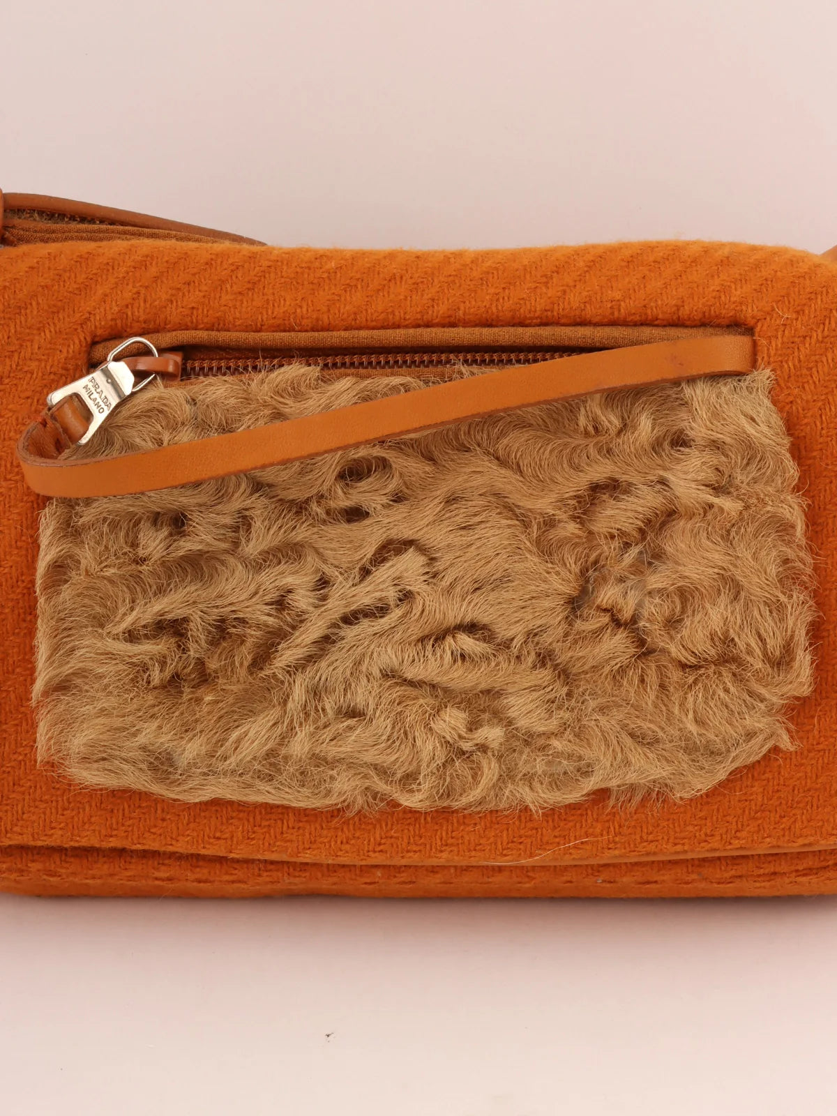 PRADA Wool Fur Combination Shoulder Bag Orange/Brown/Beige