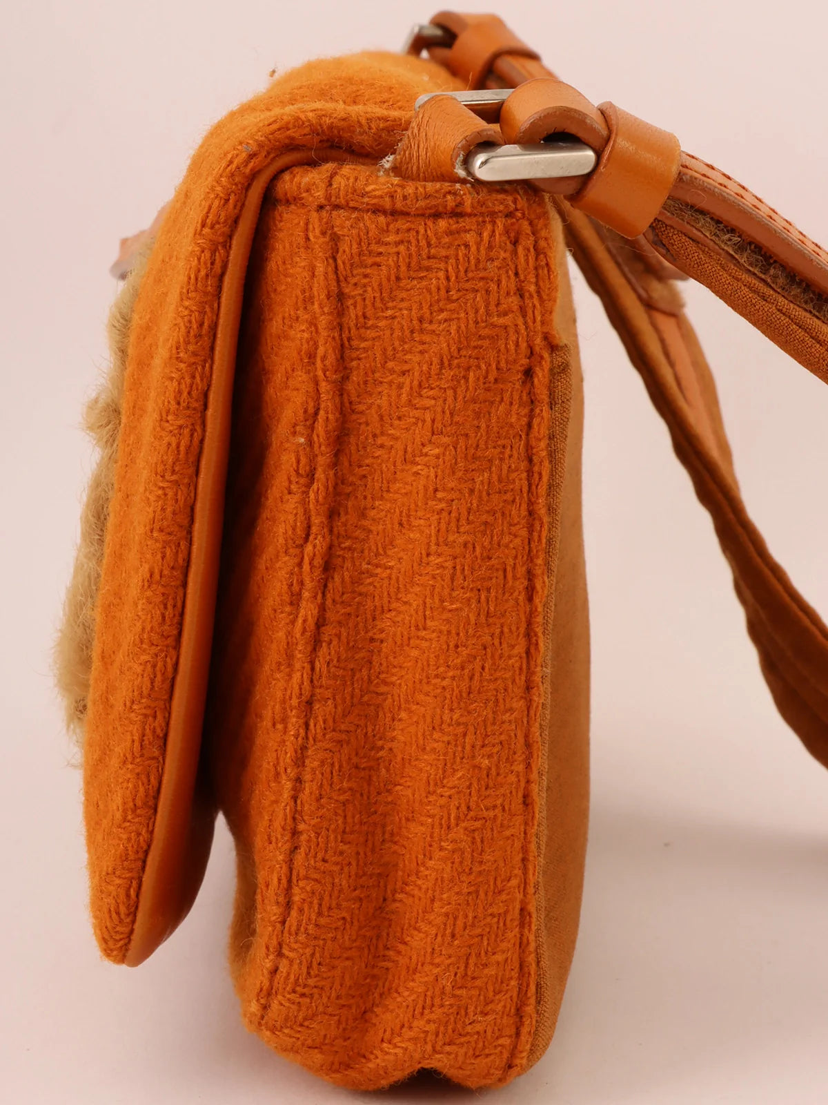 PRADA Wool Fur Combination Shoulder Bag Orange/Brown/Beige