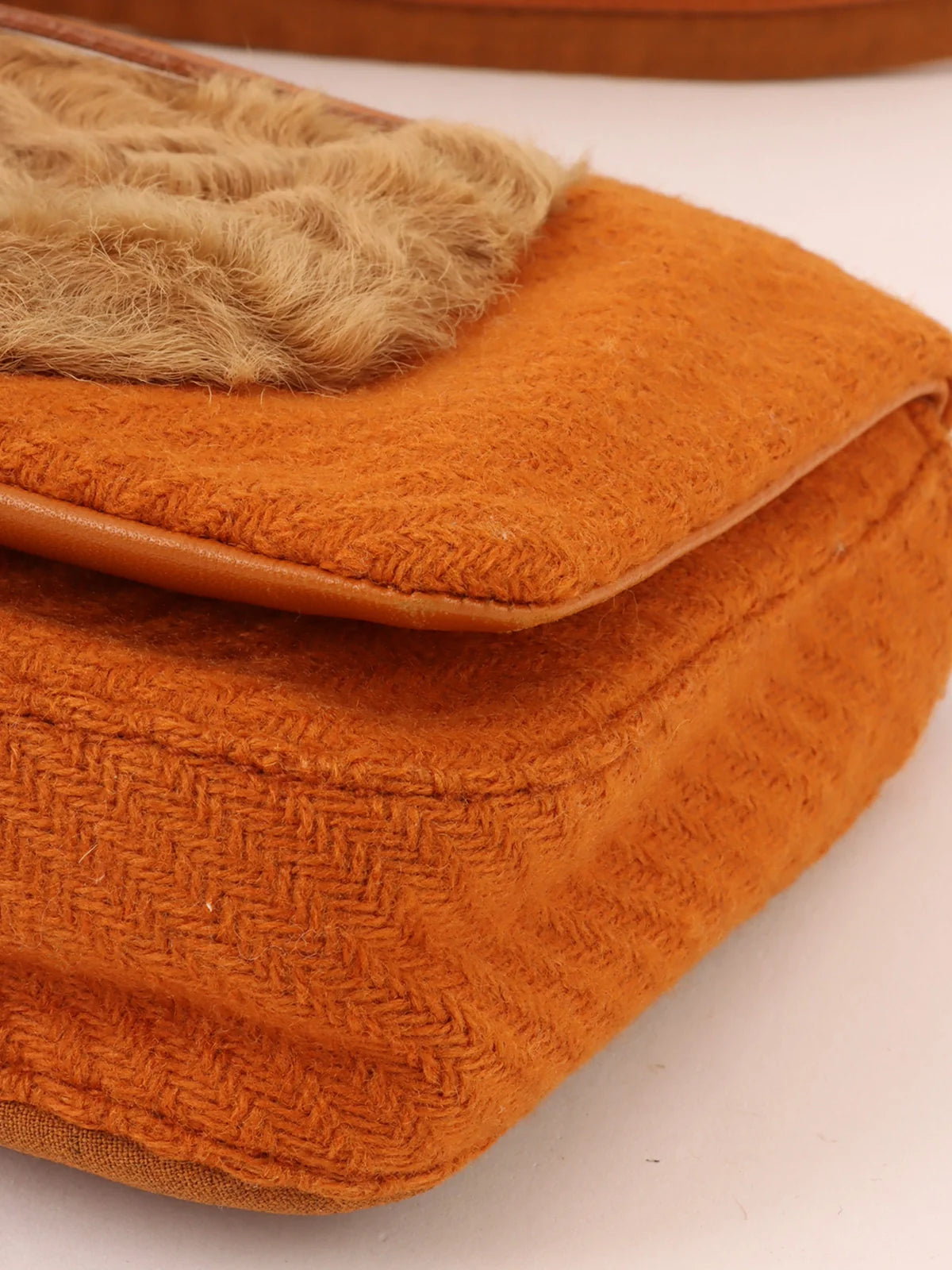 PRADA Wool Fur Combination Shoulder Bag Orange/Brown/Beige