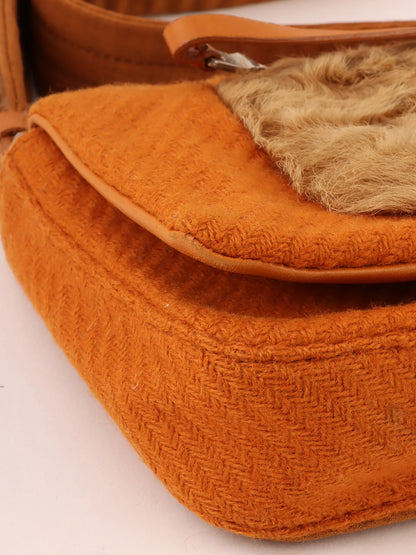 PRADA Wool Fur Combination Shoulder Bag Orange/Brown/Beige