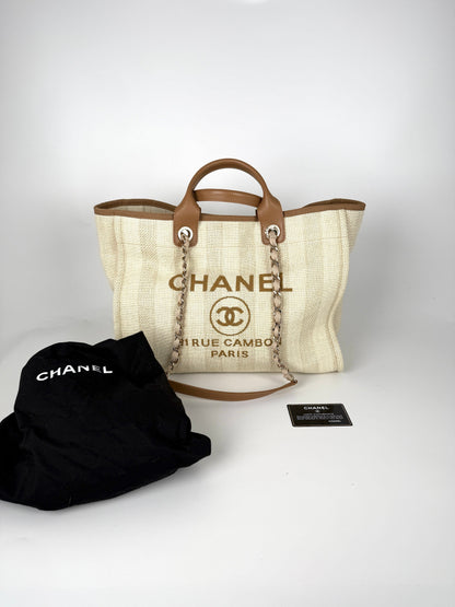 CHANEL Deauville Striped Medium Straw Raffia Beige Tan Shopping Tote
