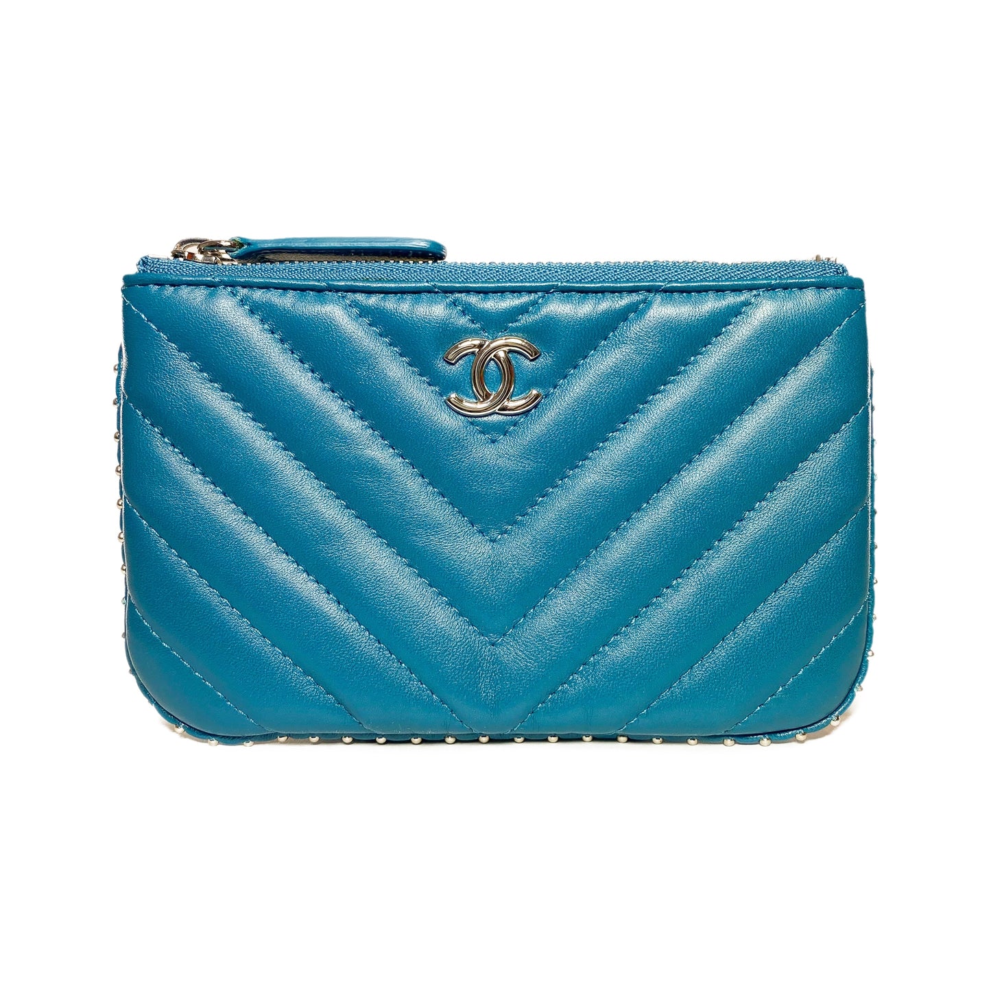 Chanel Teal Studded Chevron Zip Pouch