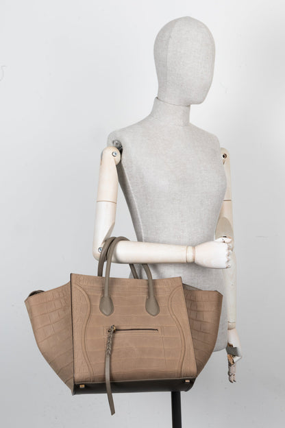 CELINE Phantom Luggage Large Croc Embossed Beige