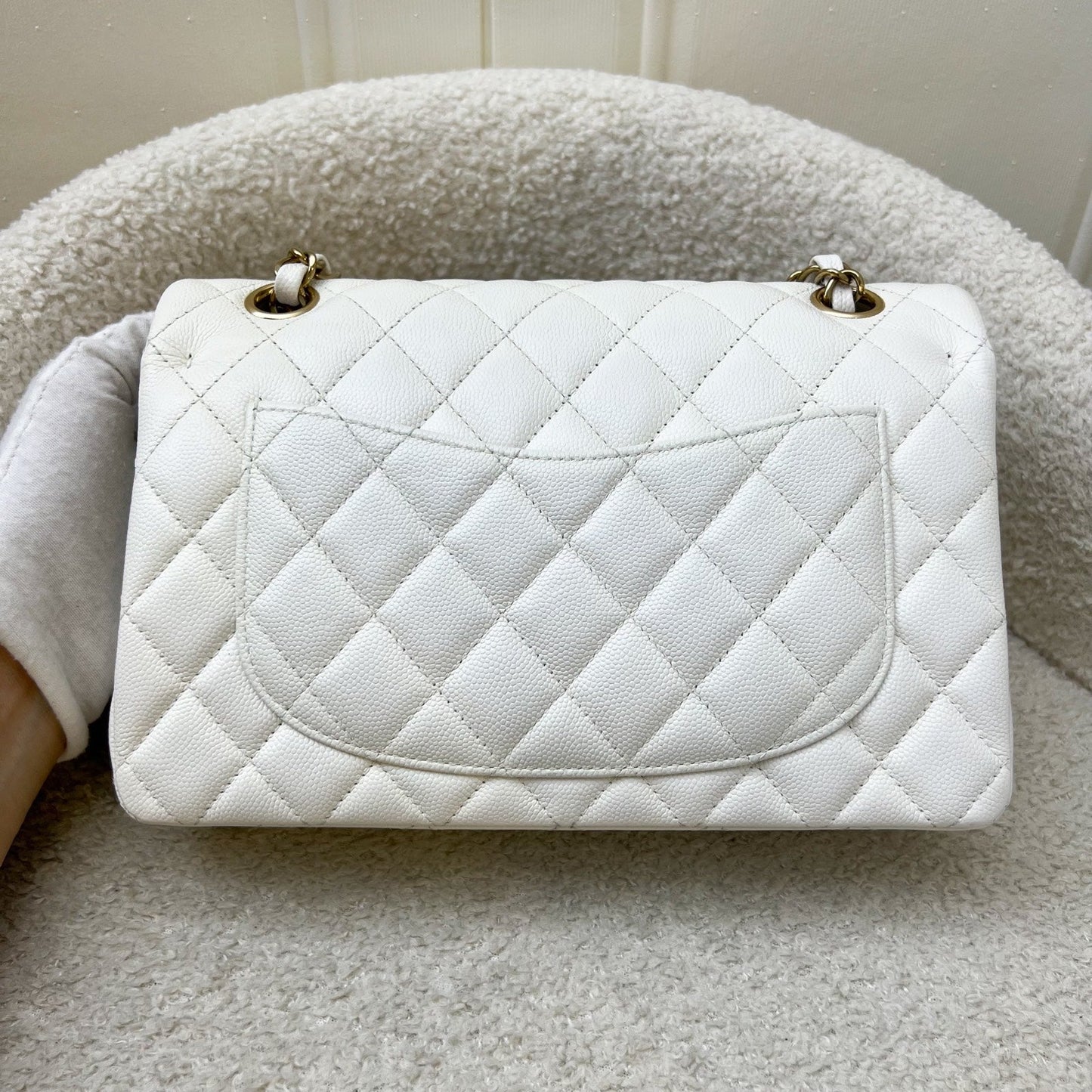 Chanel Small Classic Flap CF in White Caviar and LGHW