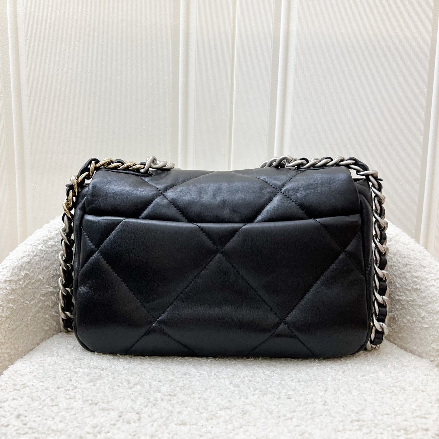 Chanel 19 Small Flap in Black Lambskin and 3-tone Hardware, Silver Turnlock (Model: AS1160)