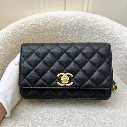 Chanel 23K Camellia Flower Wallet on Chain WOC in Black Caviar and AGHW (AP3580)