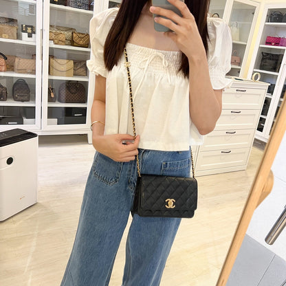 Chanel 23K Camellia Flower Wallet on Chain WOC in Black Caviar and AGHW (AP3580)