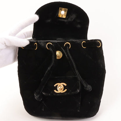 CHANEL Around 1995 Made Double Turn-Lock Velour Backpack Mini Black